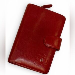 CHANEL Red Camellia Lambskin Leather L-Zip Wallet